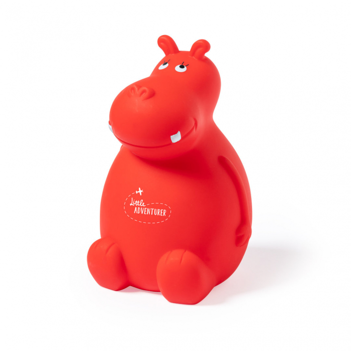 Hucha Hippo de original diseño hipopótamo, fabricada en suave y resistente PVC apto para niños. Huchas niños promocionales personalizadas. Regalos de empresa y corporativos personalizados