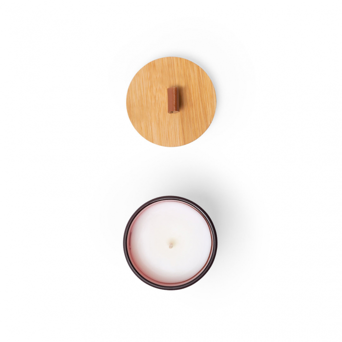Vela Aromática Lonka en tarrito de cristal con tapa de bambú. Velas aromáticas promocionales personalizadas. Regalos de empresa y corporativos personalizados