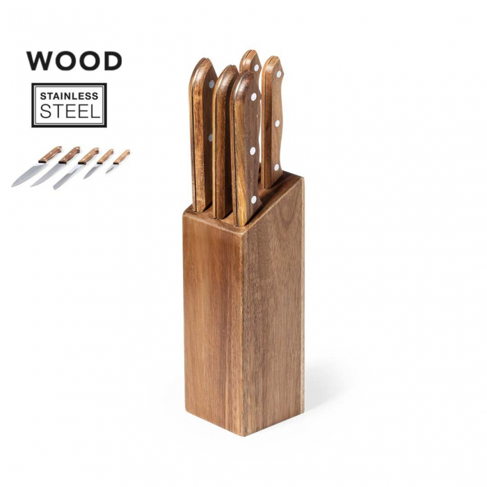 Tacoma Wheeler con base fabricada en resistente madera natural de acacia. Sets de cuchillos promocionales personalizados. Regalos de empresa y corporativos personalizados