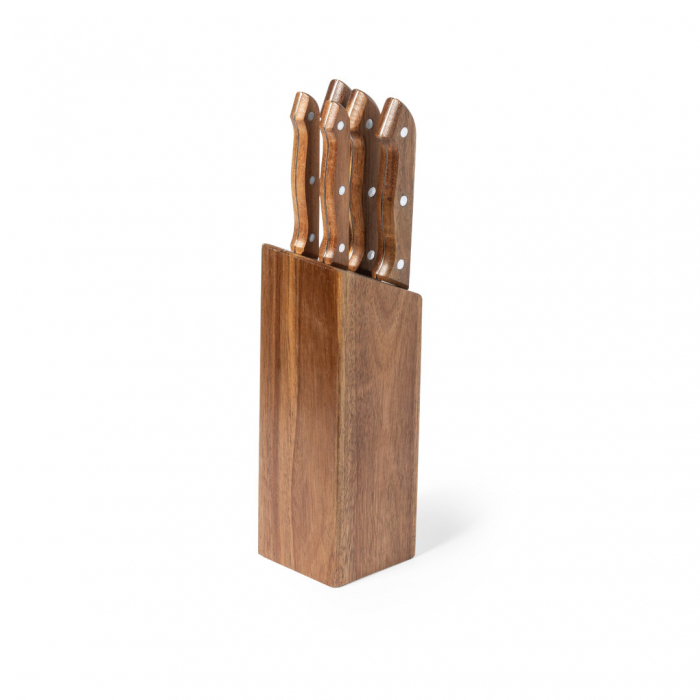 Tacoma Wheeler con base fabricada en resistente madera natural de acacia. Sets de cuchillos promocionales personalizados. Regalos de empresa y corporativos personalizados