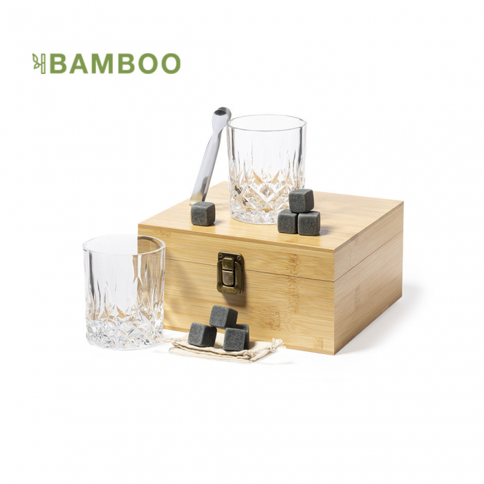 Set Whisky Steger en elegante estuche de bambú con interior troquelado. Sets de whisky promocionales personalizados. Regalos de empresa y corporativos personalizados