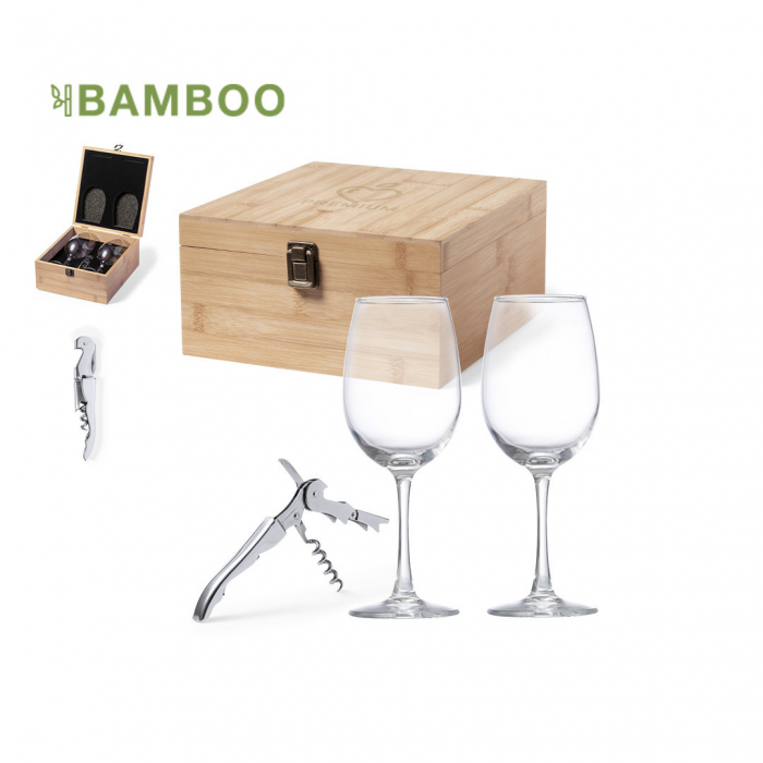 Set Vinos Neider en elegante estuche de bambú con interior troquelado en espuma. Set vinos promocionales personalizados. Regalos de empresa y corporativos personalizados