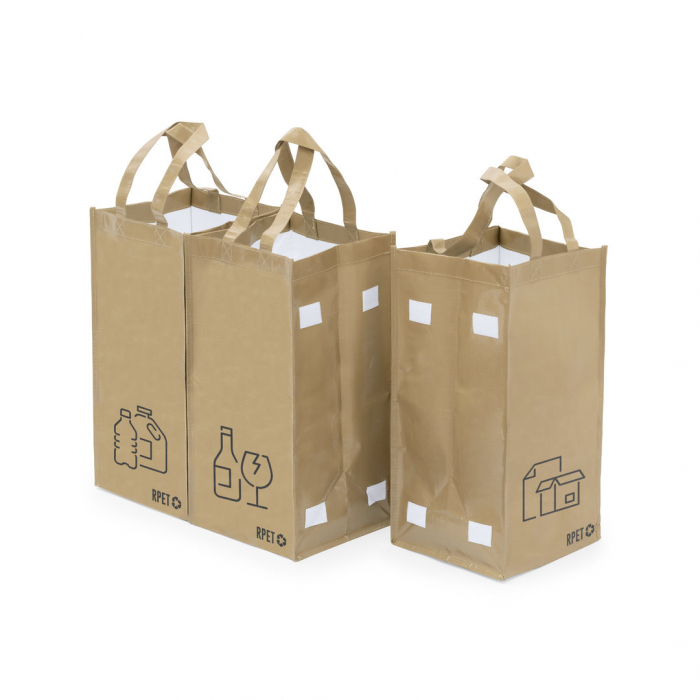 Set Bolsas Stuggar de 3 bolsas de reciclaje. Fabricadas en resistente poliéster RPET laminado, elaborado a partir de plástico reciclado. Set bolsas reciclaje promocionales personalizadas. Regalos de empresa y corporativos personalizados