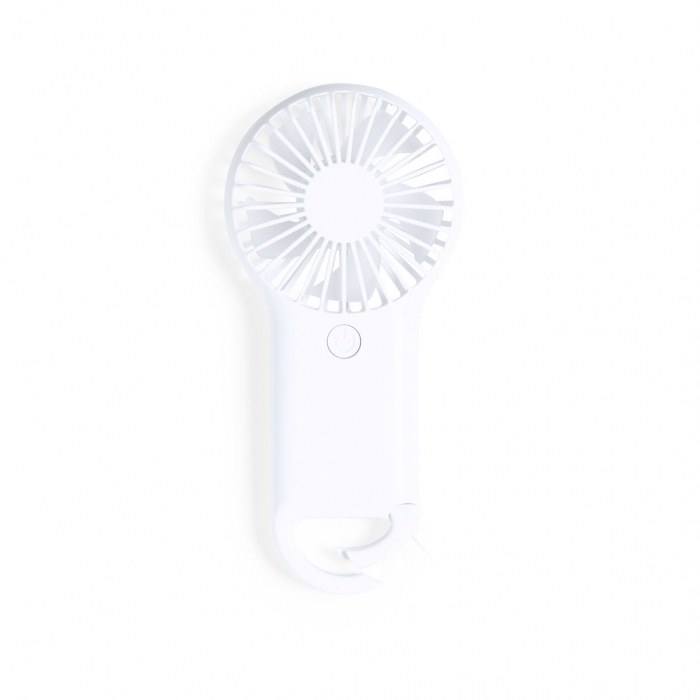 Ventilador Dayane fabricado en resistente ABS de color blanco, con mosquetón de enganche integrado. Ventiladores promocionales personalizados. Regalos de empresa y corporativos personalizados