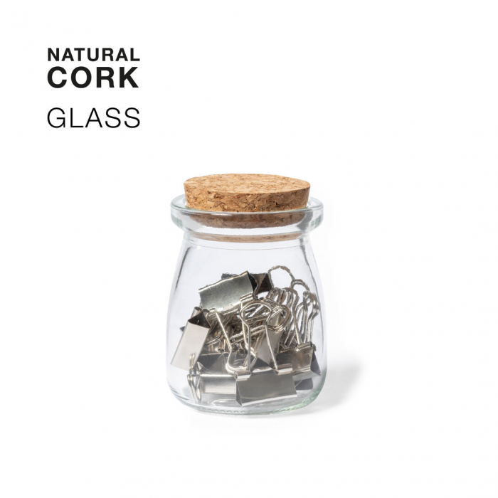 Portaclips Forsen fabricado en resistente cristal transparente, con original diseño vintage y tapón en corcho natural. Porta clips promocionales personalizados. Regalos de empresa y corporativos personalizados