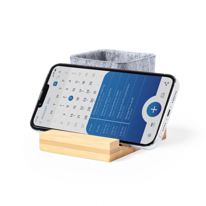 Lapicero Soporte Firdex de linea nature fabricado en fieltro RPET, con soporte para smartphone en bambú. Botes para lapiceros promocionales personalizados. Regalos de empresa y corporativos personalizados