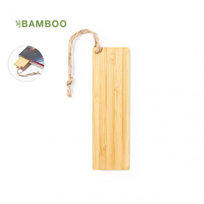 Marcapáginas Momo fabricado en bambú y con cordón de yute. Marcapáginas promocionales personalizados. Regalos de empresa y corporativos personalizados
