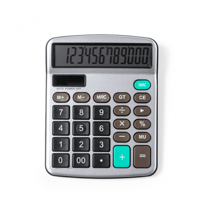 Calculadora Tueris de 12 dígitos fabricada en resistente aluminio y ABS. Calculadoras promocionales personalizadas. Regalos de empresa y corporativos personalizados