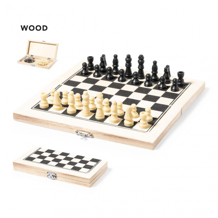 Ajedrez Blitz con tablero plegable fabricado en madera natural de pino. Personaliza tu ajedrez para tus mejores partidas. Regalos de empresa y corporativos personalizados