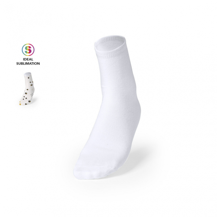 Calcetín Sublimación Piodox fabricados en poliéster blanco y especialmente diseñados para marcaje en sublimación. Calcetines promocionales personalizados. Regalos de empresa y corporativos personalizados
