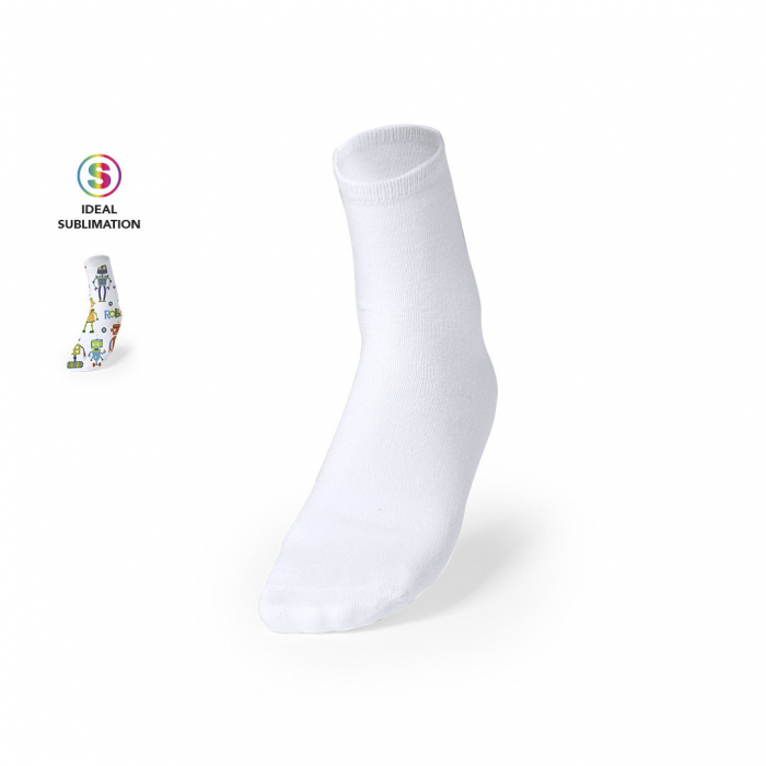 Calcetín Sublimación Sakam fabricados en poliéster blanco y especialmente diseñados para marcaje en sublimación. Calcetines promocionales personalizados. Regalos de empresa y corporativos personalizados