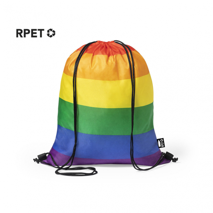 Mochila Marsha de cuerdas Rainbow multicolor, fabricada en RPET 210T. Mochilas de cuerdas promocionales personalizadas. Regalos de empresa y corporativos personalizados