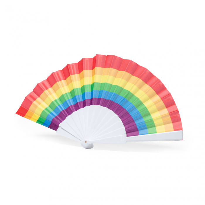 Abanico Rupaul Rainbow con tela multicolor y varillas blancas en RPET. Abanicos promocionales personalizados. Regalos de empresa y corporativos personalizados