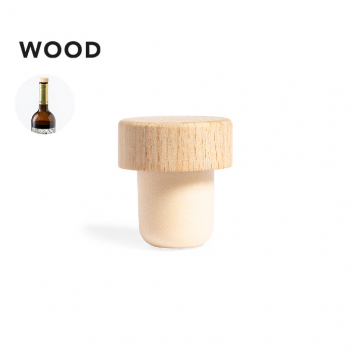 Tapón Filden reutilizable para botella, con parte superior en madera natural y parte inferior hermética. Tapones botellas promocionales personalizados.
