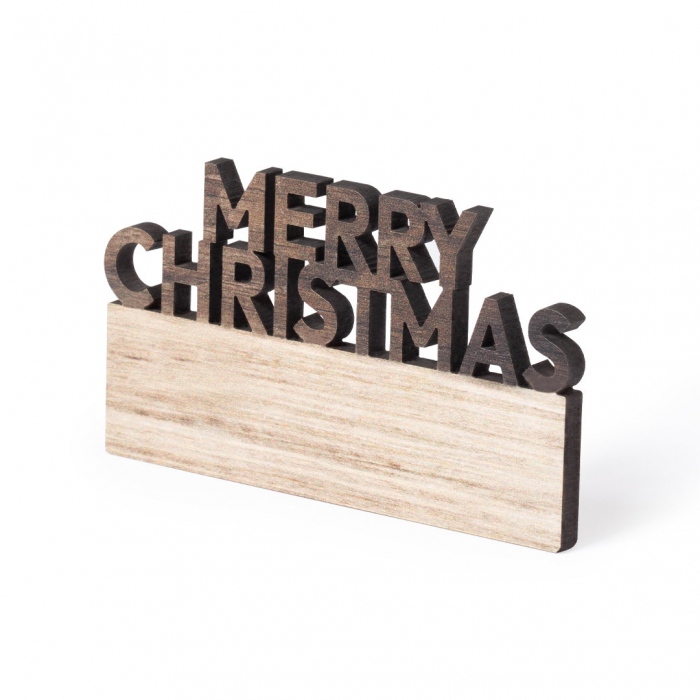 Imán Rivond Merry Christmas fabricado en madera natural, con texto troquelado y de original acabado bicolor. Imanes promocionales personalizados. Regalos de empresa y corporativos personalizados