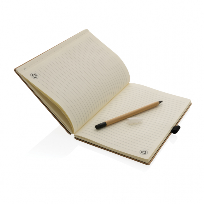 Set de cuaderno y lápiz infinito de bambú. Blocs de nota con lápiz promocionales personalizados. Regalos de empresa y corporativos personalizados.