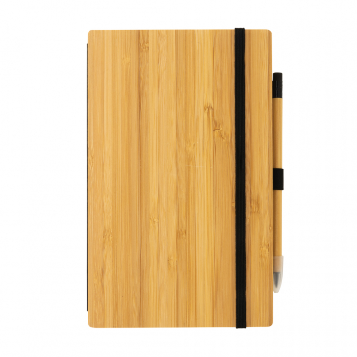 Set de cuaderno y lápiz infinito de bambú. Blocs de nota con lápiz promocionales personalizados. Regalos de empresa y corporativos personalizados.