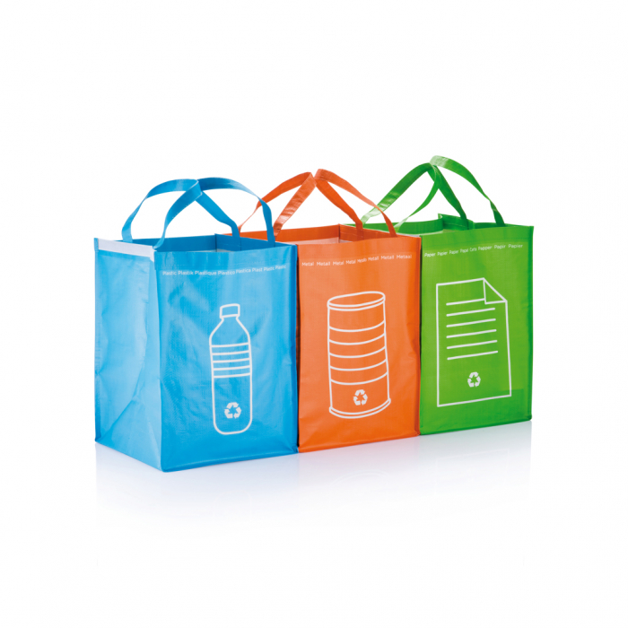 Papelera reciclaje 3 piezas. Bolsas reciclaje promocionales personalizadas. Regalos de empresa y corporativos personalizados.