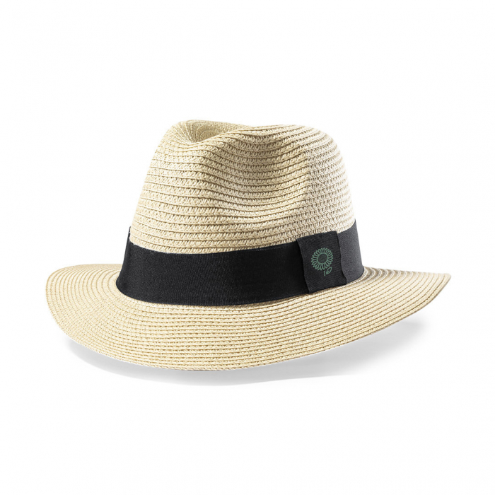 Sombrero Teilor de ala ancha y alta calidad en material sintético, con acabado natural. Sombreros ajustables veraniegos promocionales personalizados. Regalos de empresa y corporativos personalizados.