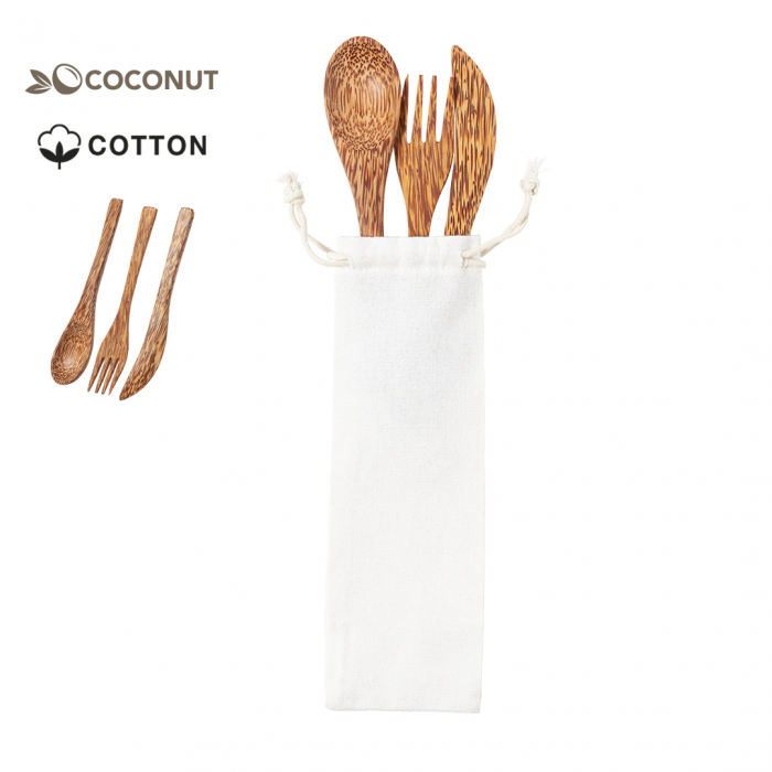 Set Cubiertos Socex reutilizables de línea nature fabricados en coco. Sets cubiertos de coco promocionales personalizados. Regalos de empresa y corporativos personalizados.