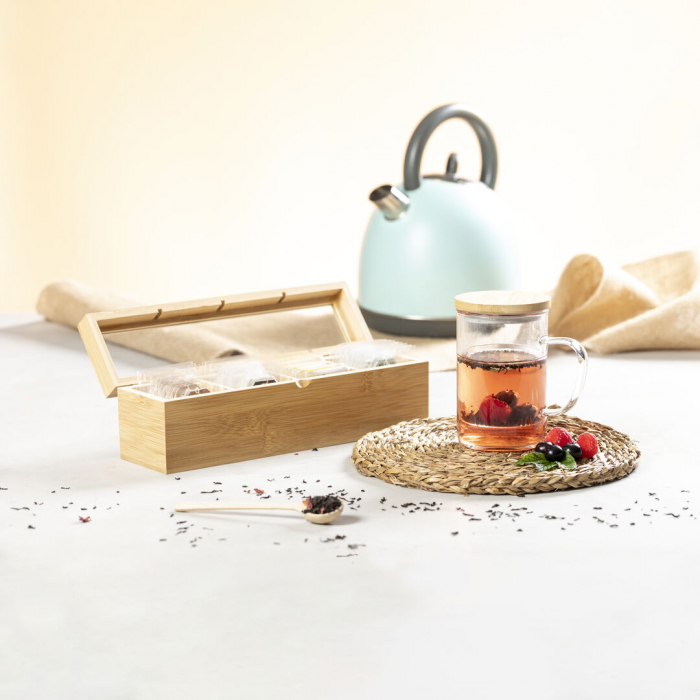 Caja Té Zirkony de línea nature, fabricada en bambú, con cristal en tapa. Cajas de té de bambú promocionales personalizadas. Regalos de empresa y corporativos personalizados.
