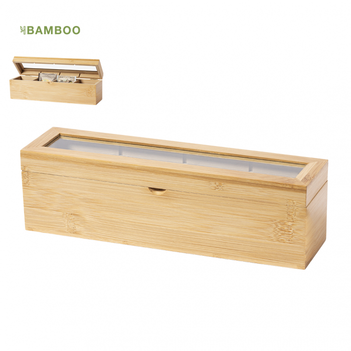 Caja Té Zirkony de línea nature, fabricada en bambú, con cristal en tapa. Cajas de té de bambú promocionales personalizadas. Regalos de empresa y corporativos personalizados.
