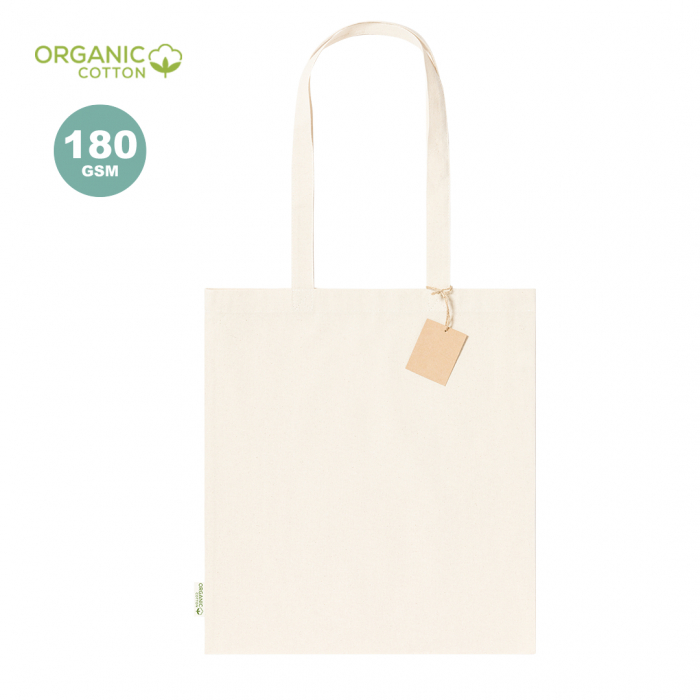 Bolsa Fizzy fabricada en material100% algodón orgánico de 180g/m2 y en tono natural. Bolsas tote bag asas medianas promocionales personalizadas. Regalos de empresa y corporativos personalizados