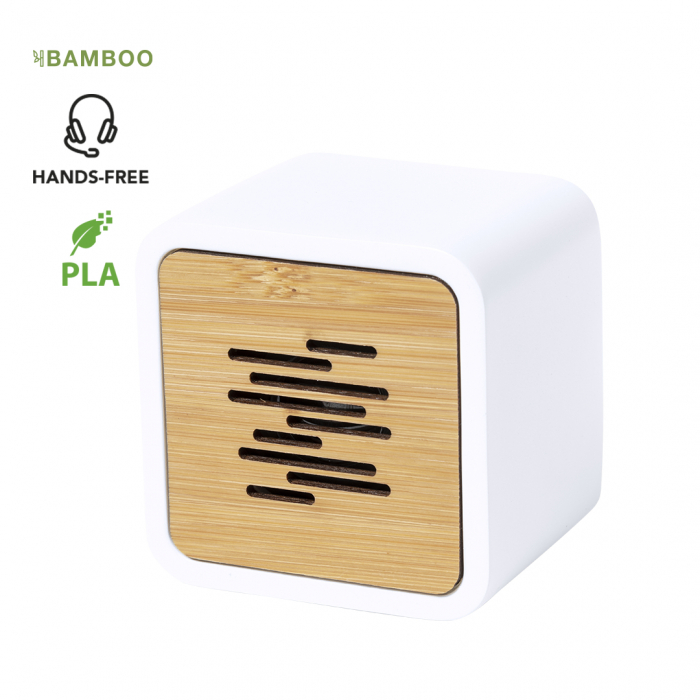 Altavoz Pixie de línea nature y conexión Bluetooth® 5.0. Fabricado en combinación de bambú y PLA -Ácido PoliLáctico-. Altavoces ecológicos promocionales personalizados. Regalos de empresa y corporativos personalizados