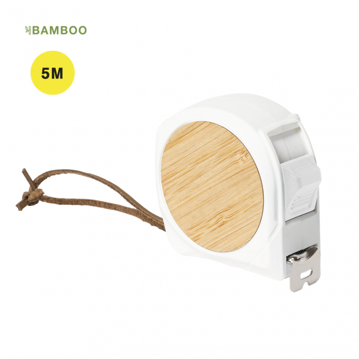 Flexómetro Hermy 5m de línea nature, fabricado en combinación de bambú y ABS con tacto goma. Flexometros promocionales personalizados. Regalos de empresa y corporativos personalizados