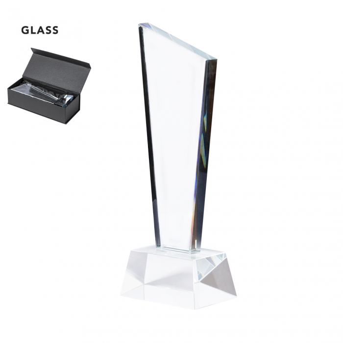 Trofeo Lanton de grueso cristal con original diseño y resistente base. Trofeos de cristal promocionales personalizados. Regalos de empresa y corporativos personalizados