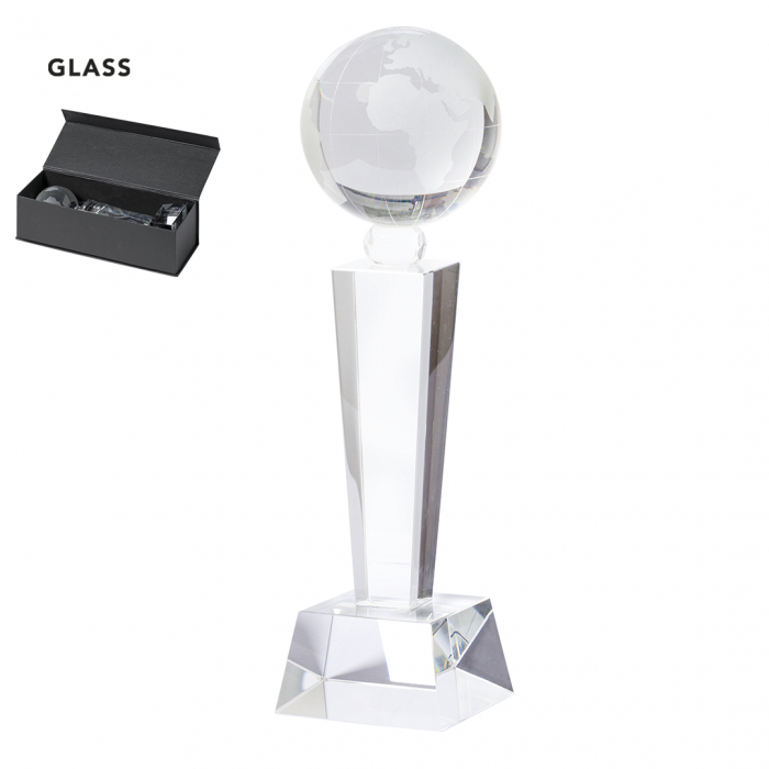Trofeo Nigrum de grueso cristal con diseño mundo y resistente base. Trofeos de cristal promocionales personalizados. Regalos de empresa y corporativos personalizados
