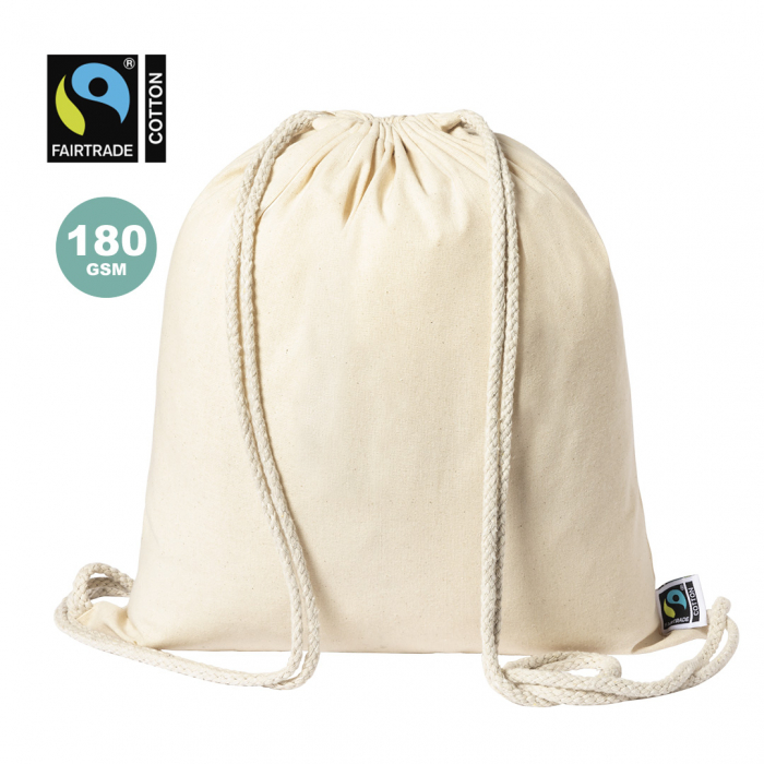 Mochila Sanfer Fairtrade de cuerdas de línea nature, fabricada en 100% algodón de 180g/m2 en tono natural. Mochilas de cuerdas Fairtrade promocionales personalizadas. Regalos de empresa y corporativos personalizados