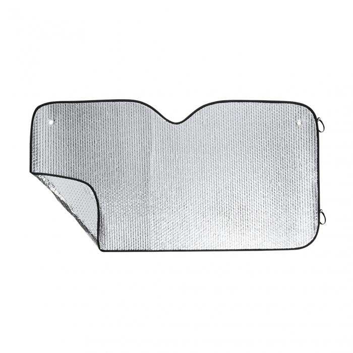 Parasol Belgiox en aluminio con burbuja en ambas caras en color plateado de acabado metalizado con ribetes en color negro. Parasoles promocionales personalizados. Regalos de empresa y corporativos personalizados