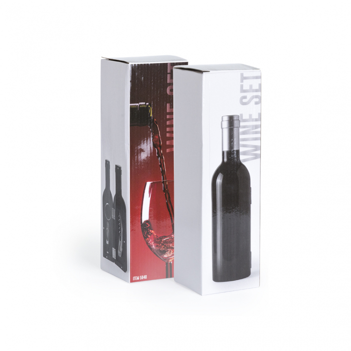 Set Vinos Sousky en forma de botella de vino de acabado brillante, cierre magnético y accesorios de acero inox. Sets vino promocionales personalizados. Regalos de empresa y corporativos personalizados
