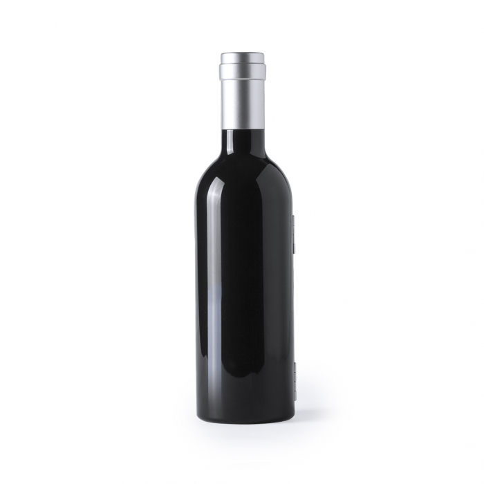 Set Vinos Sousky en forma de botella de vino de acabado brillante, cierre magnético y accesorios de acero inox. Sets vino promocionales personalizados. Regalos de empresa y corporativos personalizados