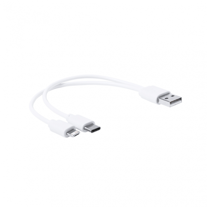 Cable Cargador Vitral USB con conexiones Tipo-C y dual micro USB/Lightning. Cables cargadores promocionales personalizados. Regalos de empresa y corporativos personalizados