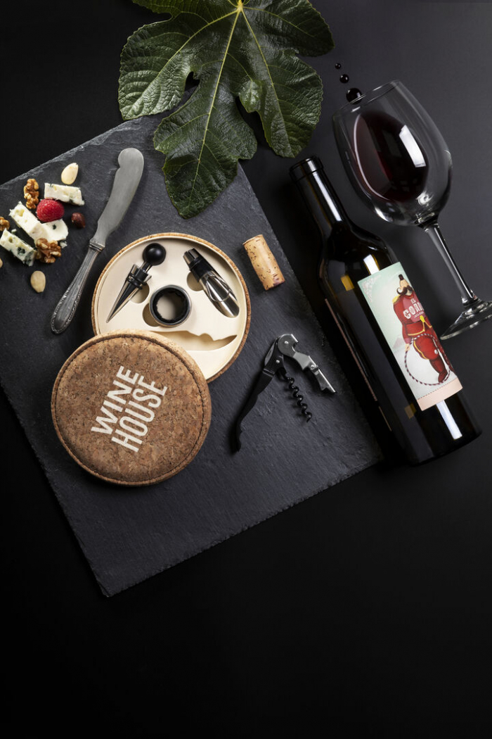 Set Vinos Bribal de elegante diseño circular con acabado en corcho natural. Sets vinos promocionales personalizados. Regalos de empresa y corporativos personalizados