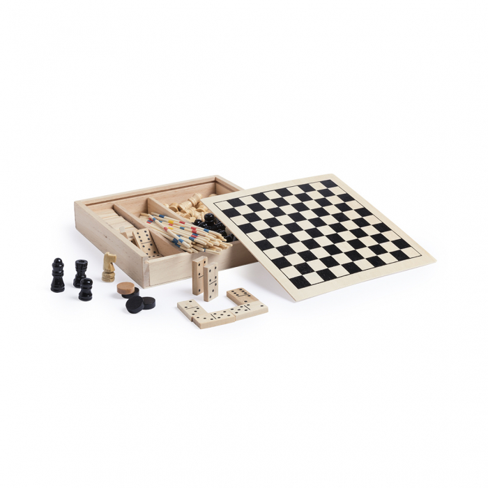 Set Juegos Xigral en madera. Incluye mikado, ajedrez, damas y dominó. Sets juegos promocionales personalizados. Regalos de empresa y corporativos personalizados