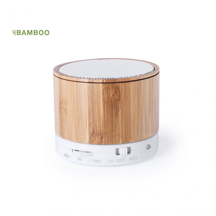 Altavoz Kaltun con cuerpo en bambú y conexión Bluetooth®. Altavoces compactos promocionales personalizados. Regalos de empresa y corporativos personalizados