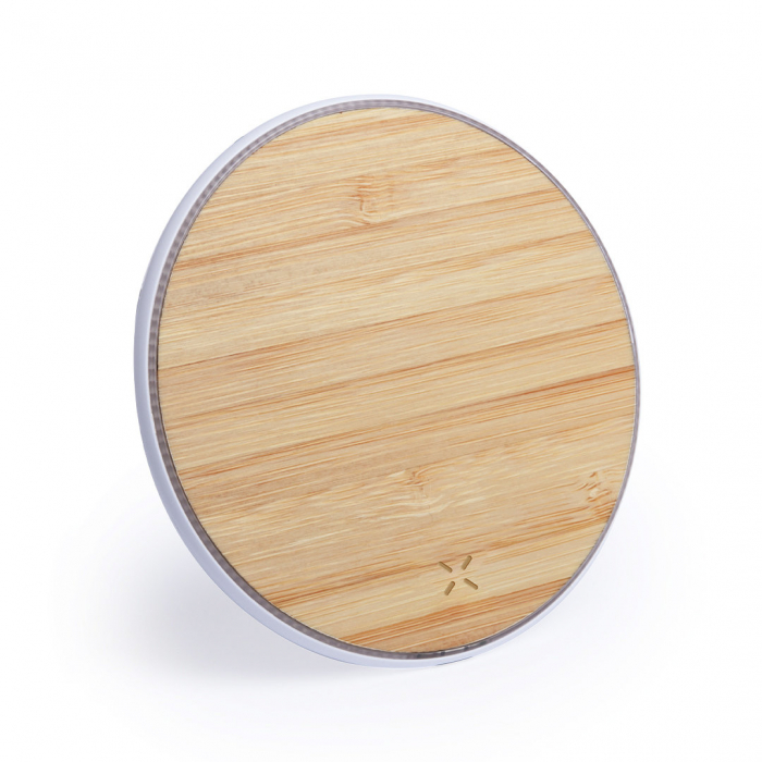 Cargador Nembar inalámbrico de línea nature, con base de carga en madera de bambú. Cargadores inalámbricos bambú promocionales personalizados. Regalos de empresa y corporativos personalizados