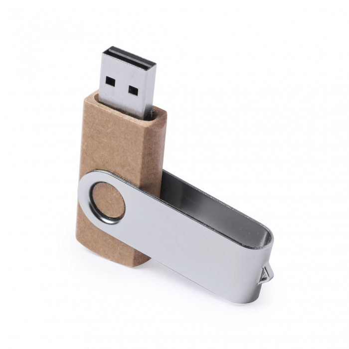 Memoria USB Trugel 16Gb de capacidad, con mecanismo giratorio, cuerpo acabado en cartón reciclado y clip metálico. Memorias usb giratorias promocionales personalizadas. Regalos de empresa y corporativos personalizados