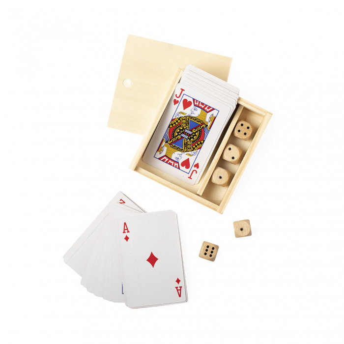 Set Juegos Pelkat con baraja francesa y dados de madera, Sets juegos publicitarios personalizados. Regalos de empresa y corporativos personalizados