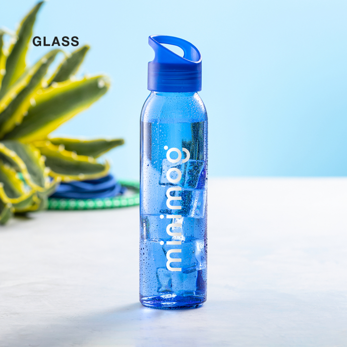 Bidón Tinof de cristal de 470ml de capacidad. Botellas cristal promocionales personalizadas. Regalos de empresa y corporativos personalizados.