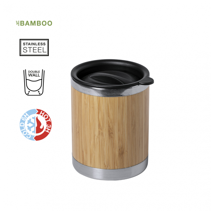Vaso Térmico Lubon de línea nature y 300ml de capacidad. Vasos térmicos de bambú promocionales personalizados. Regalos de empresa y corporativos personalizados.