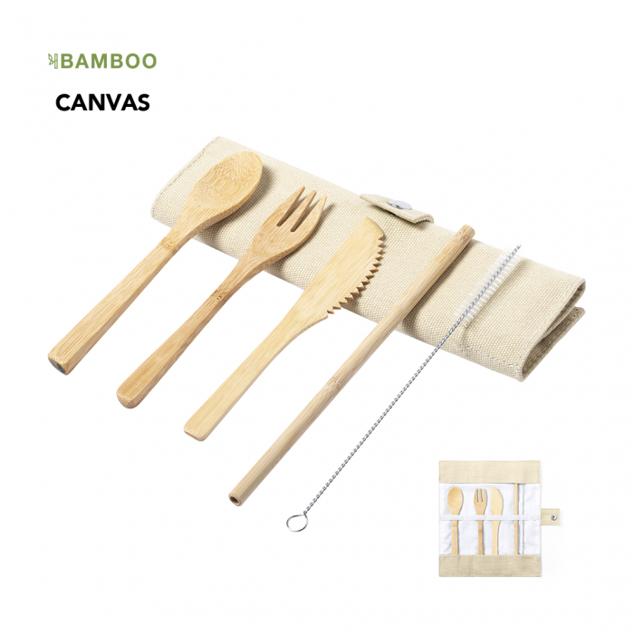 Set Cubiertos Corpax de línea nature fabricados en bambú pulido. Sets cubiertos bambú promocionales personalizados. Regalos de empresa y corporativos personalizados.