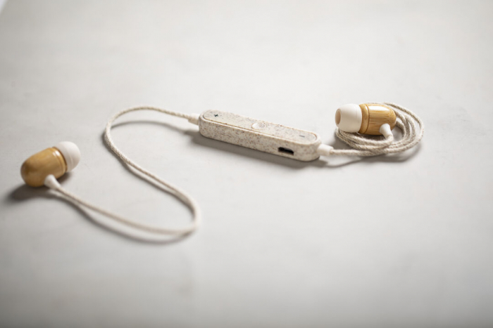 Auriculares Lattimer intraurales de línea nature con conexión Bluetooth® 5.0. Auriculares inalámbricos promocionales personalziados. Regalos de empresa y corporativos personalizados.