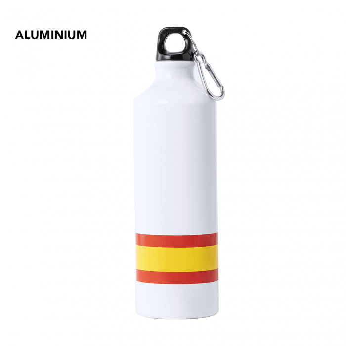 Bidón Alprin con diseño España y cuerpo en blanco. De 800 ml de capacidad y acabado en aluminio. Bidones metálicos bandera de España promocionales personalizados. Regalos de empresa y corporativos personalizados