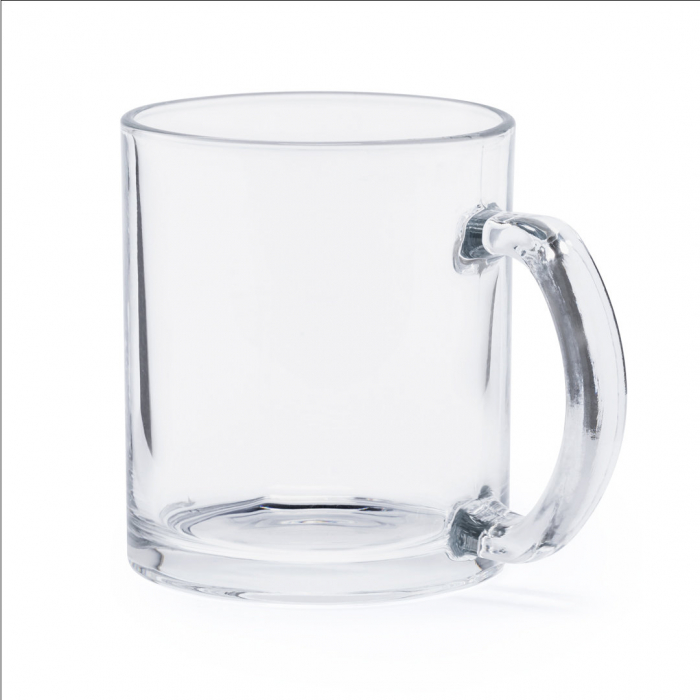 Taza Brant transparente de cristal de 350 ml de capacidad y con asa a juego. Tazas cristal transparentes promocionales personalizadas. Regalos de empresa y corporativos personalizados