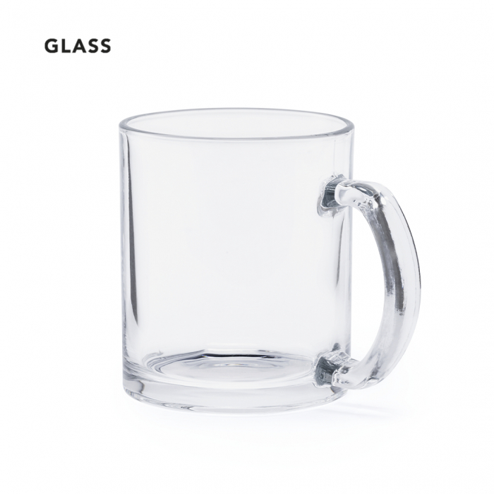 Taza Brant transparente de cristal de 350 ml de capacidad y con asa a juego. Tazas cristal transparentes promocionales personalizadas. Regalos de empresa y corporativos personalizados