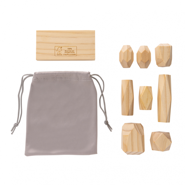 Piedras de equilibrio de madera Ukiyo Crios en bolsa. Piedras de equilibrio de pino promocionales personalizadas. Regalos de empresa y corporativos personalizados.